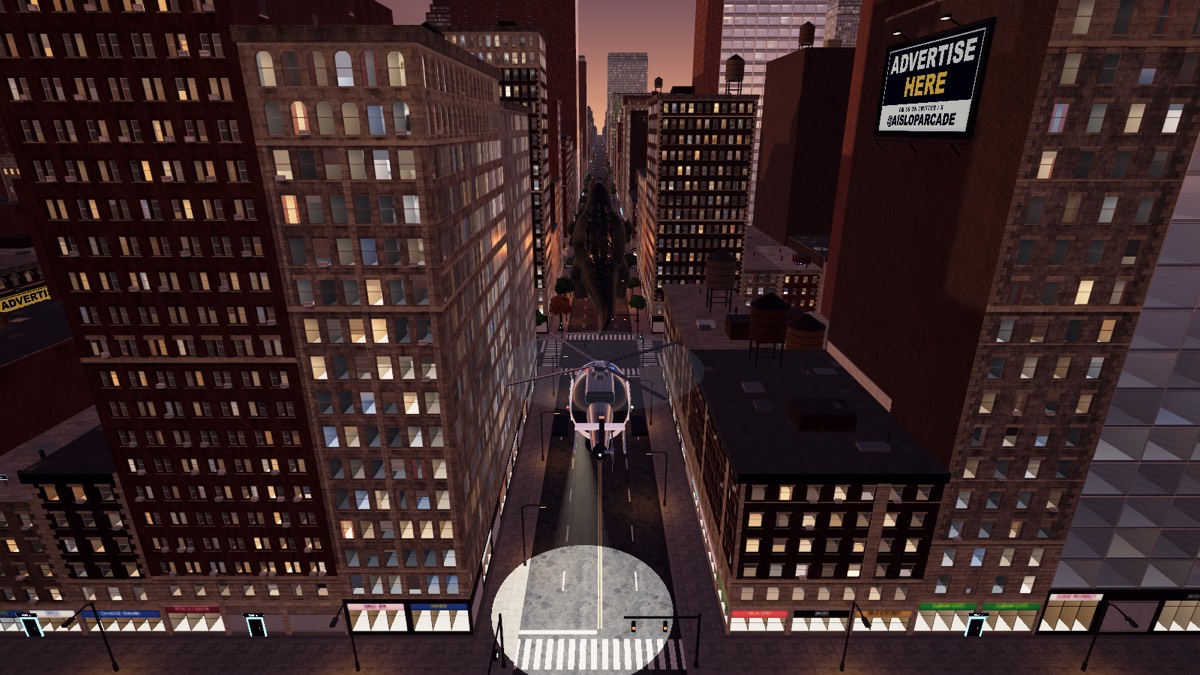 The helicopter flies low along an avenue at dusk, searchlight on the road, with a kaiju walking ahead