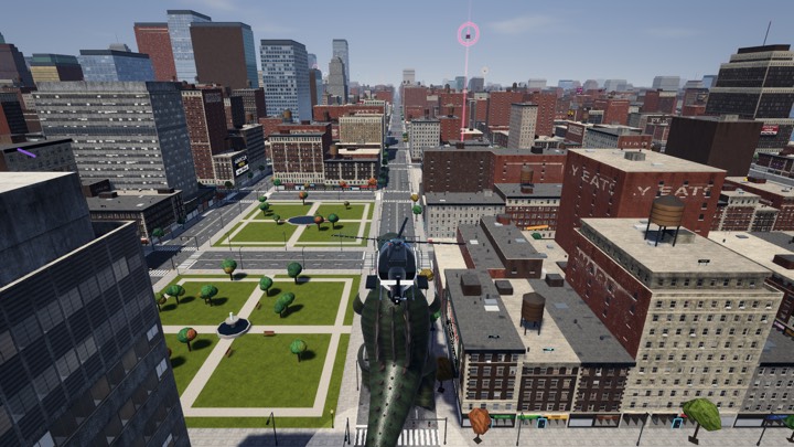 A police helicopter flies over a kaiju walking through the city in Ghetto Bird