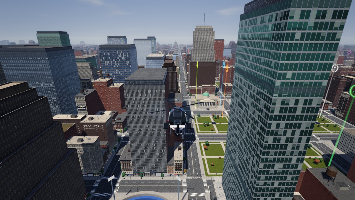 The helicopter cruises between downtown towers in daylight
