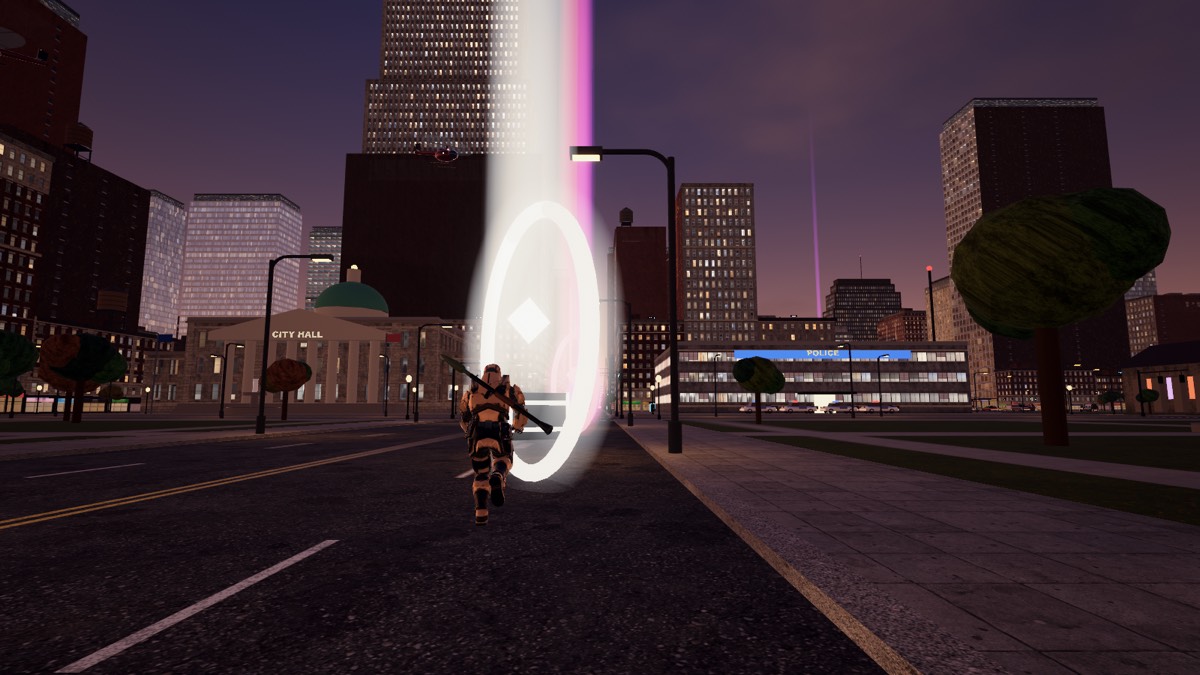 A Freedom Fighter sprints down a city street at dusk with an RPG on his back