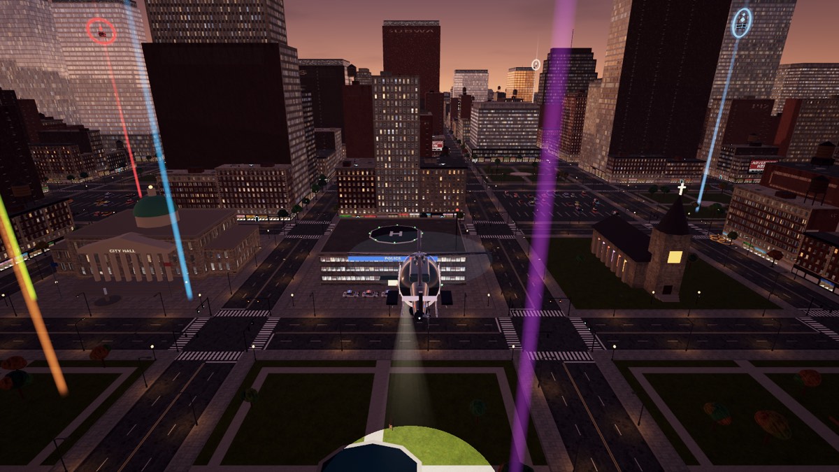 City Hall and the police HQ helipad at dusk, seen from the helicopter