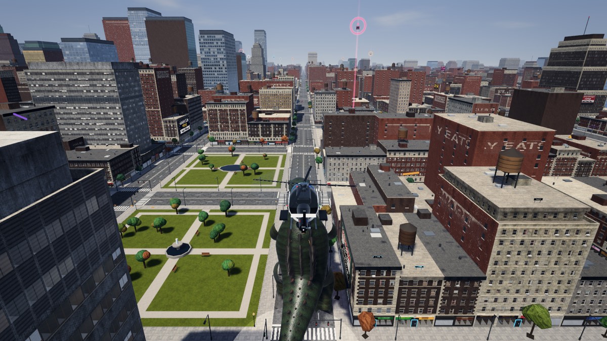 Ashmaw, a green kaiju, stomps past a park directly beneath the helicopter in daylight