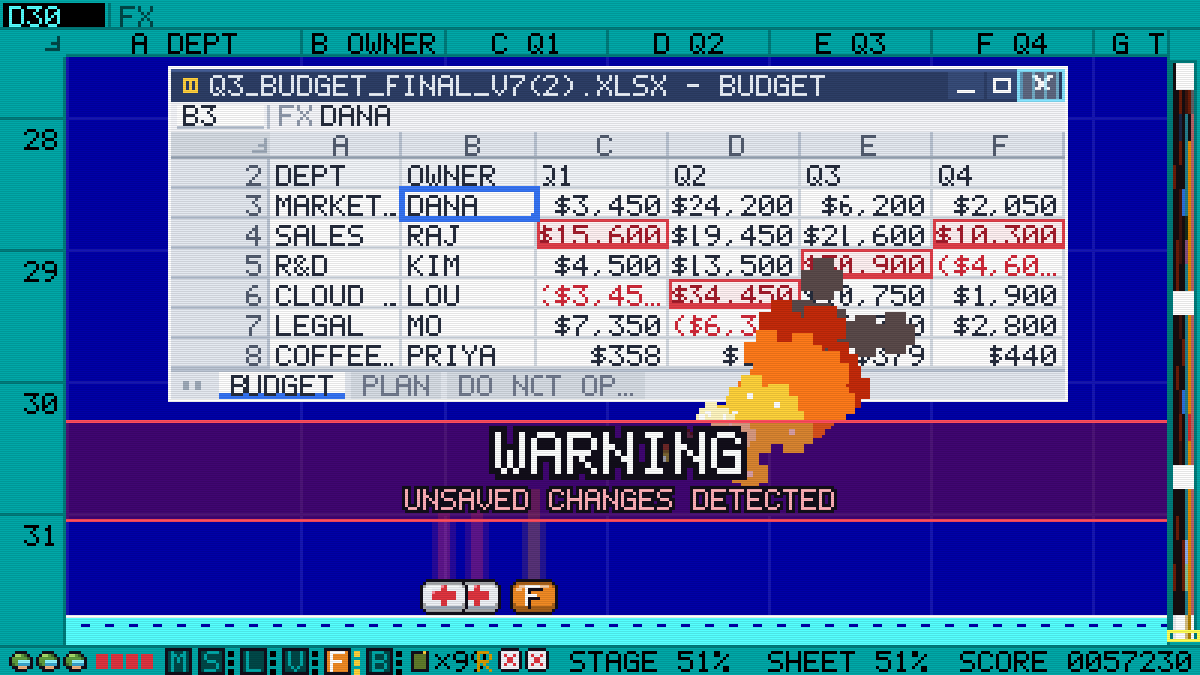 WARNING: UNSAVED CHANGES DETECTED, as the spreadsheet's own window appears over the sheet as the boss
