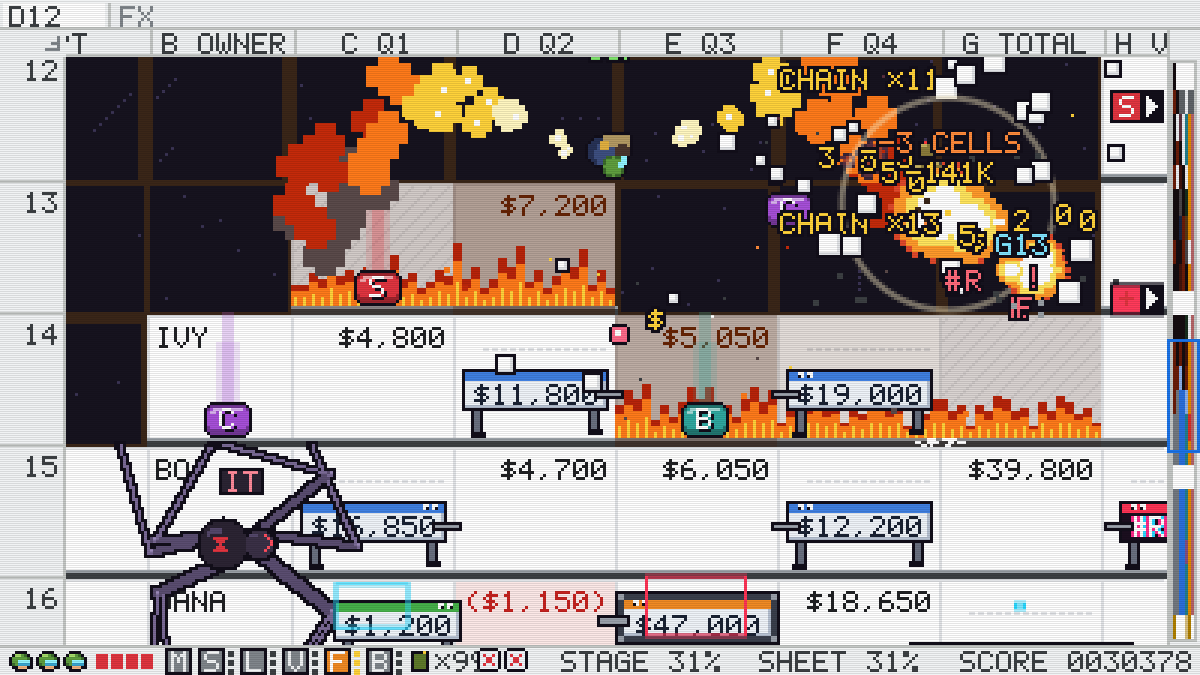 Cells burst into chains of numbers and fire in a classic white spreadsheet while a spider crawls the gridlines below