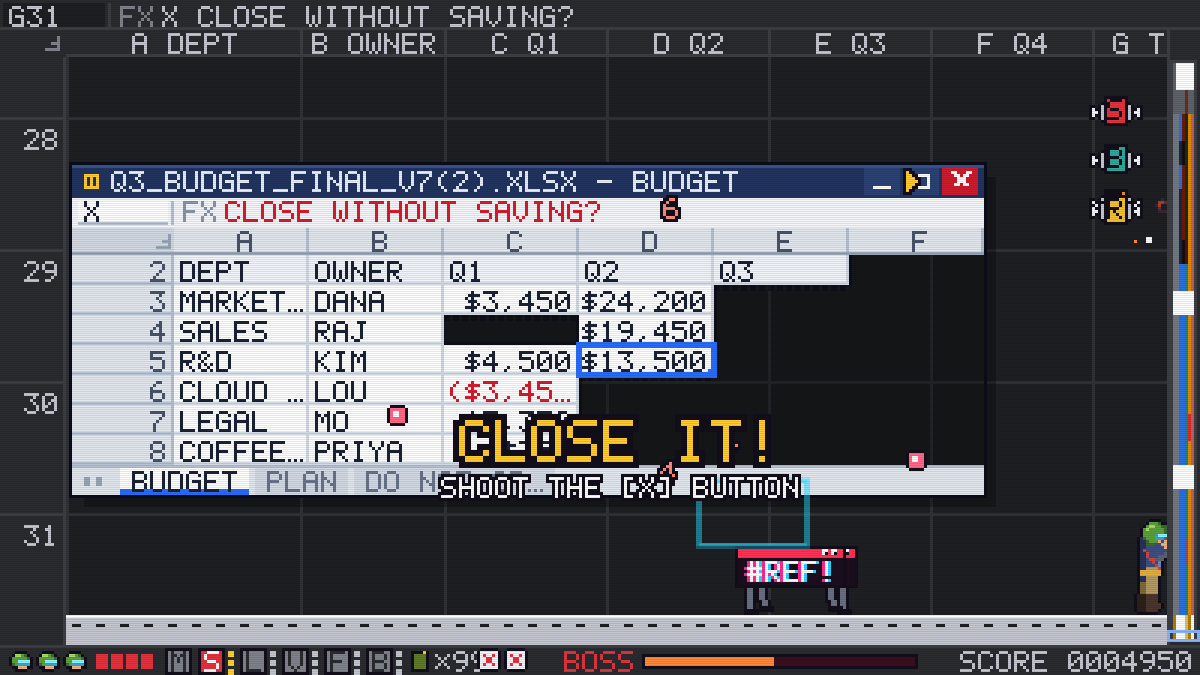 With its formula turrets gone, the boss window's formula bar asks CLOSE WITHOUT SAVING? and the player is told to shoot the X button