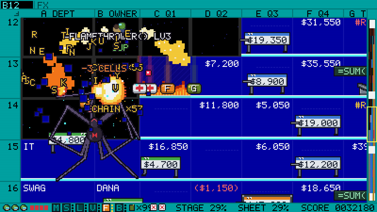 In a blue DOS-mode sheet, the player picks up the flamethrower as a spider climbs out of a blasted block of cells