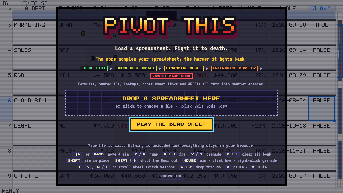 The Pivot This title screen: load a spreadsheet, fight it to death, with the five threat levels from To-Do List to Legacy Nightmare