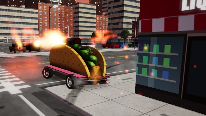 El Taco Loco, a taco on wheels, fires a rocket down a downtown street in Sh*tBox