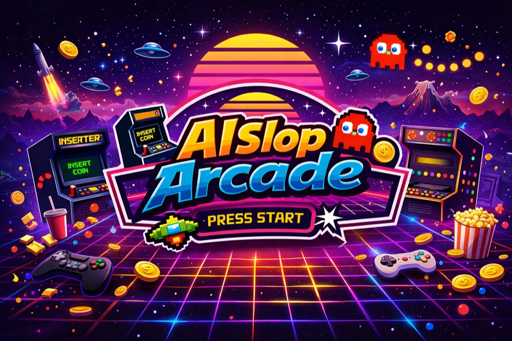 AI Slop Arcade artwork with neon arcade cabinets and a retro sunset